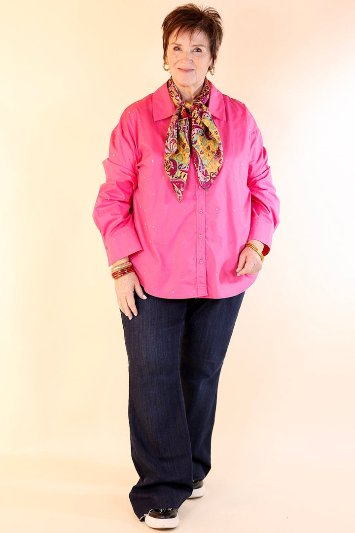 Shine On Collared Button Up Top with Rhinestones in Pink