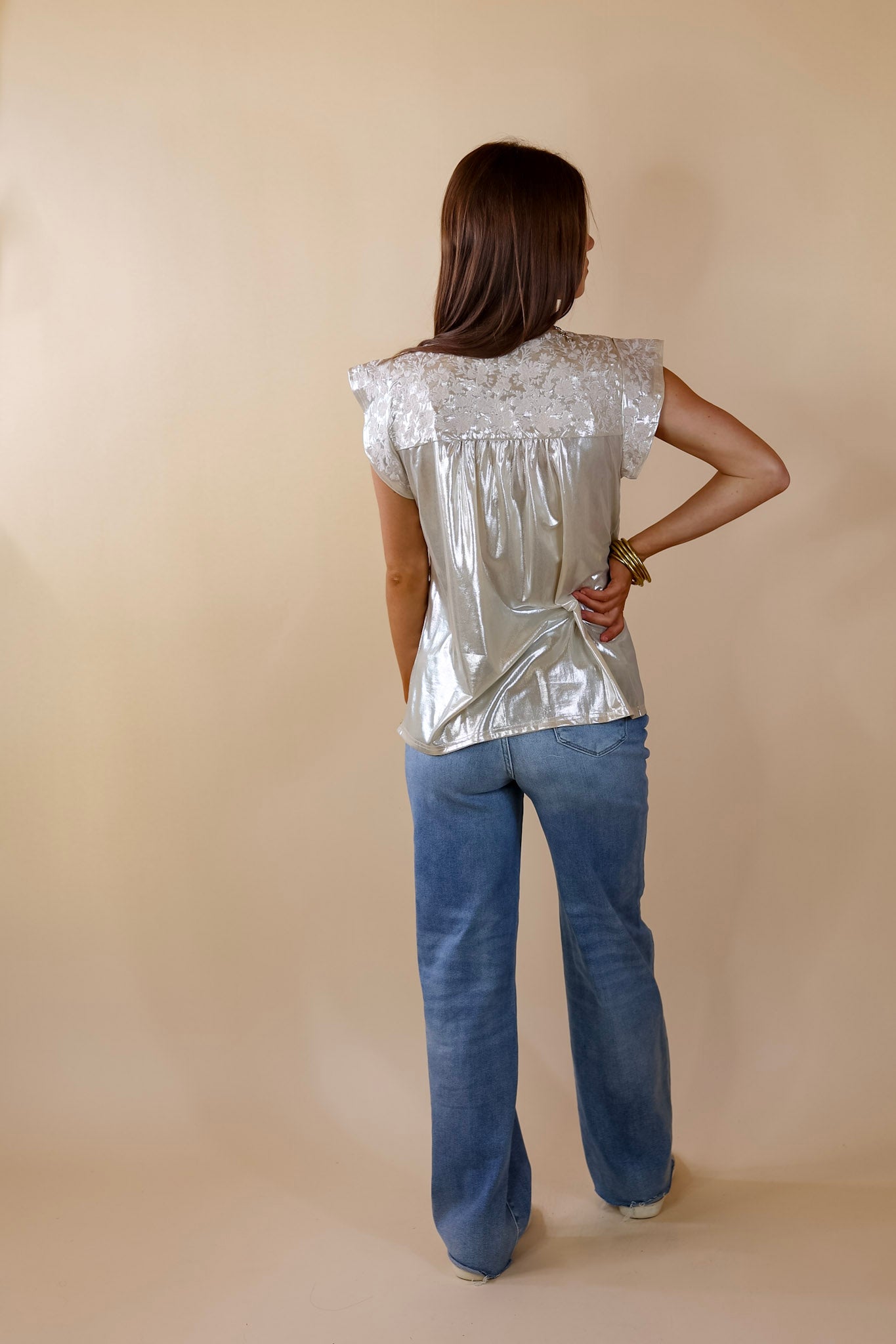 The Thrill Of It Floral Embroidered Metallic Top in Champagne - Giddy Up Glamour Boutique