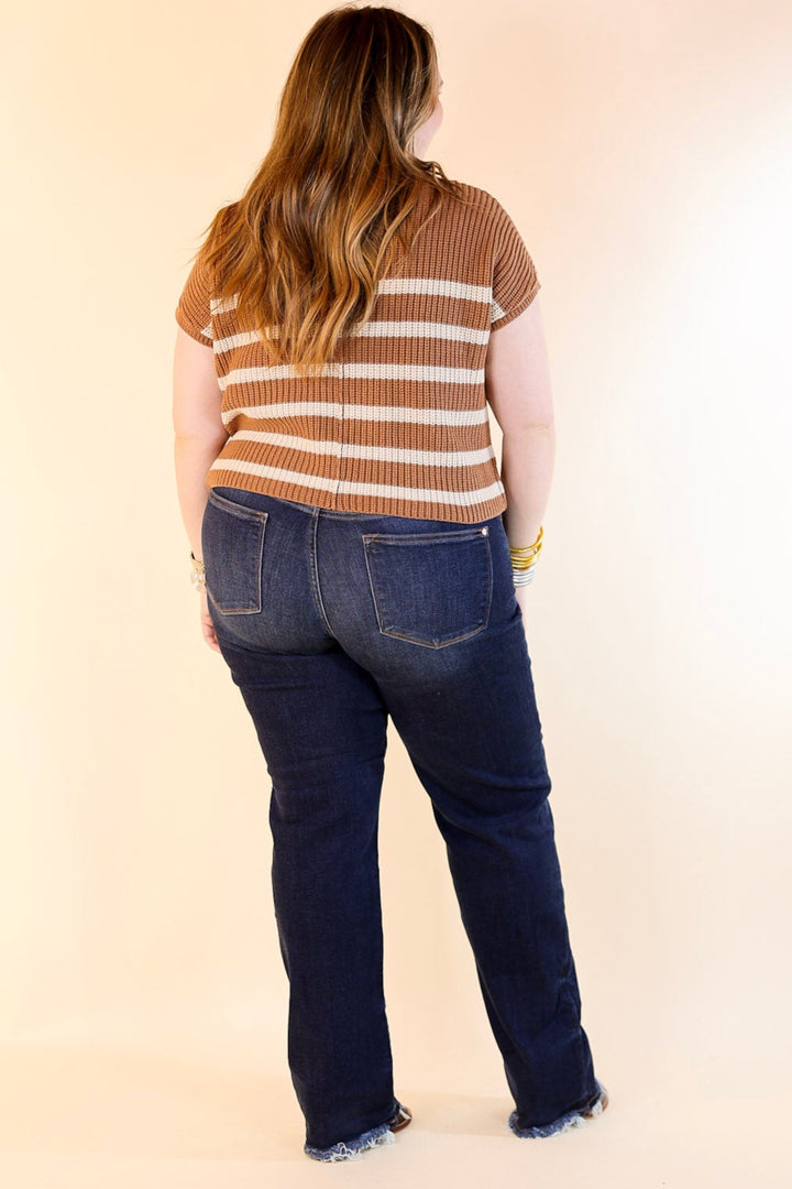 Repeat Worthy Striped Cap Sleeve Cropped Sweater with Front Pocket in Camel Brown