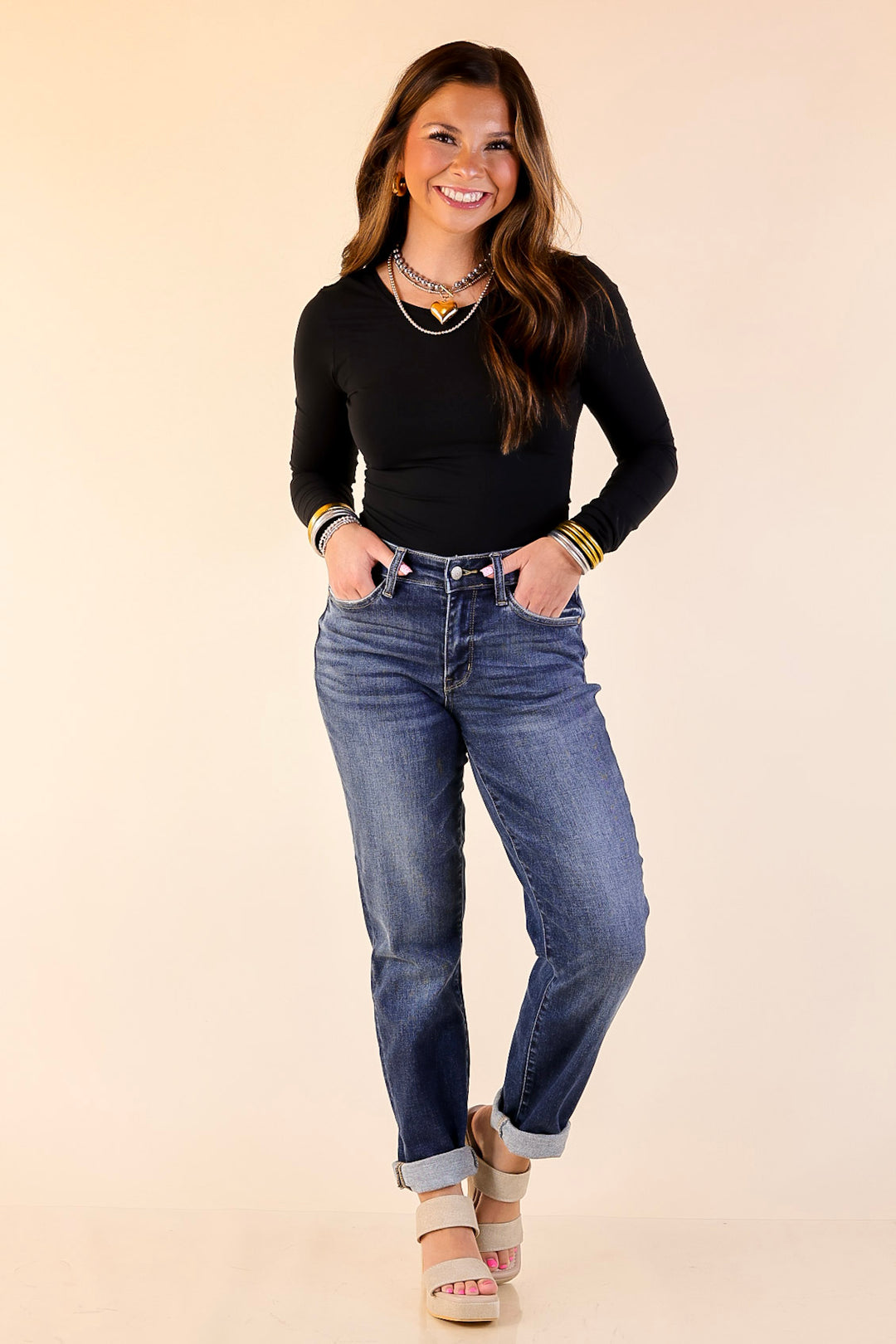 Judy Blue | Naturally Cool Cuffed Boyfriend Denim Jeans in Dark Wash