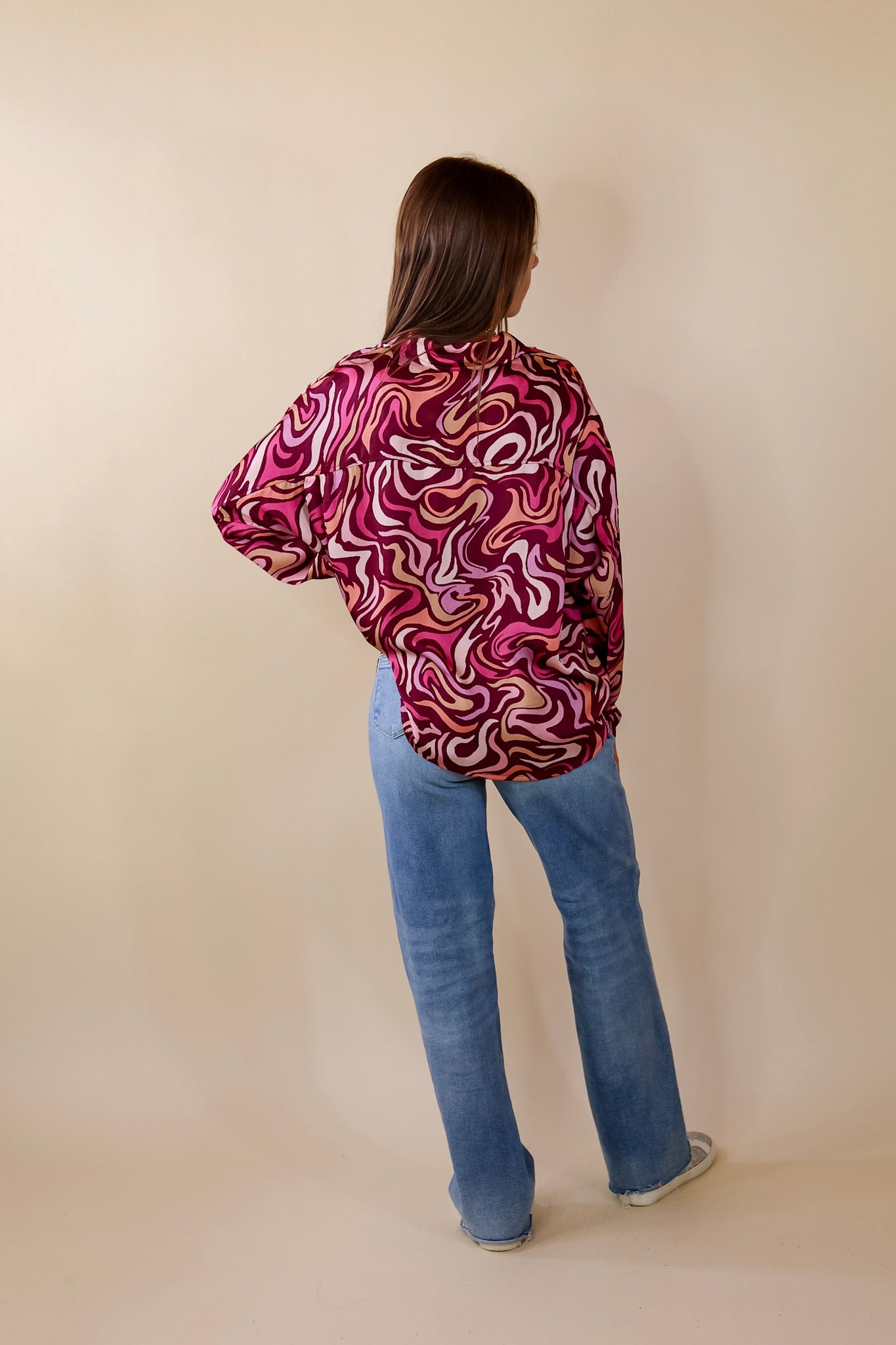 A Perfect Day Swirl Print Button Up Top in Magenta Purple - Giddy Up Glamour Boutique