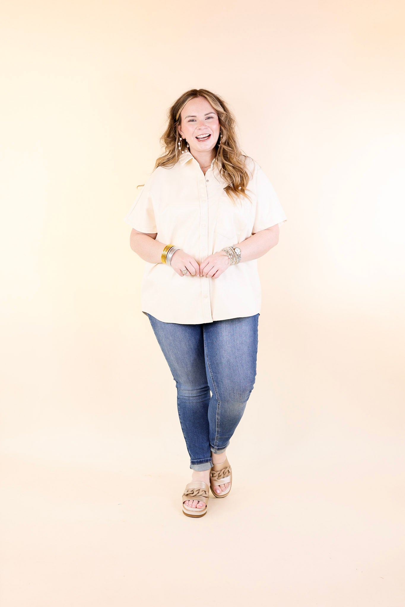 Forever Stylish Faux Leather Snake Print Block Button Up Top in Cream