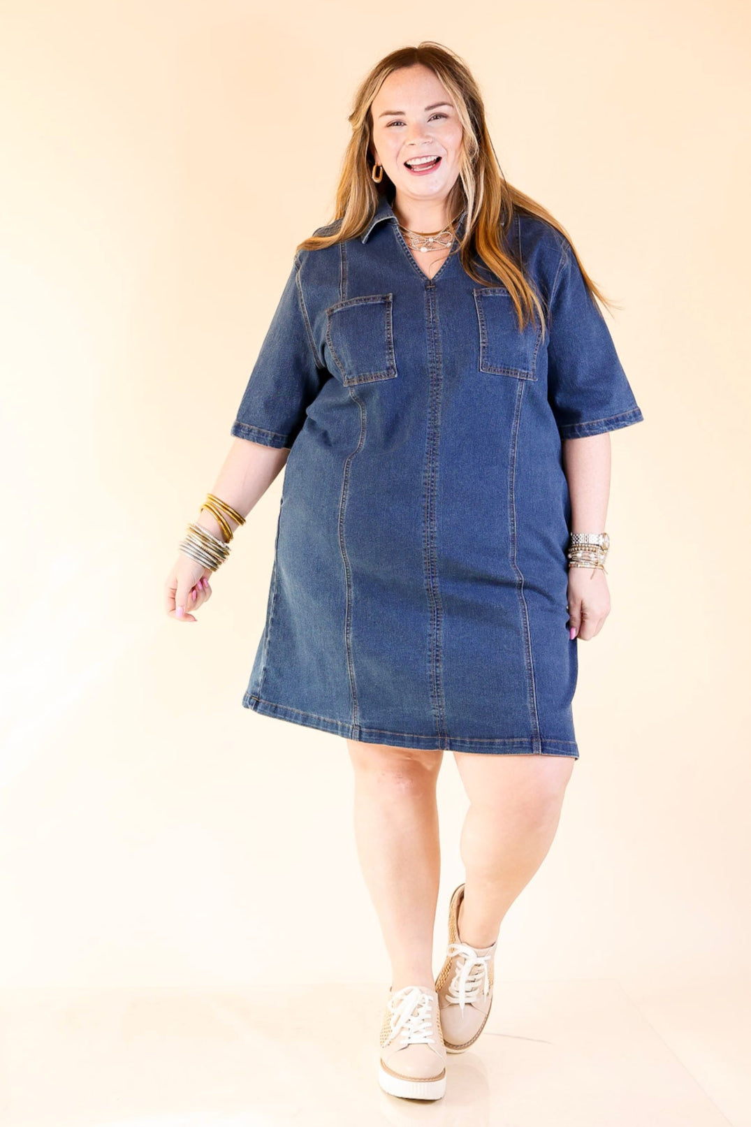 Style in Motion Denim Dress with Patch Pockets in Dark Wash