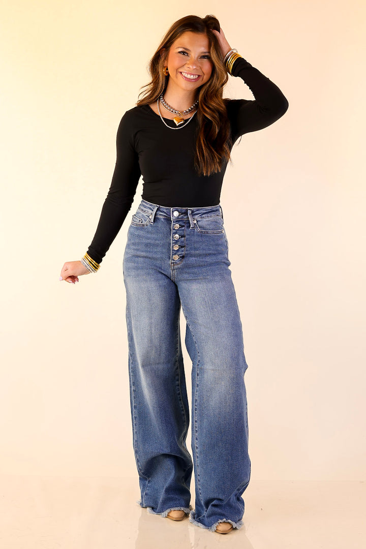 Judy Blue | Sharp Statement Straight Wide Leg Button Fly Jeans with Raw Hem in Dark Wash