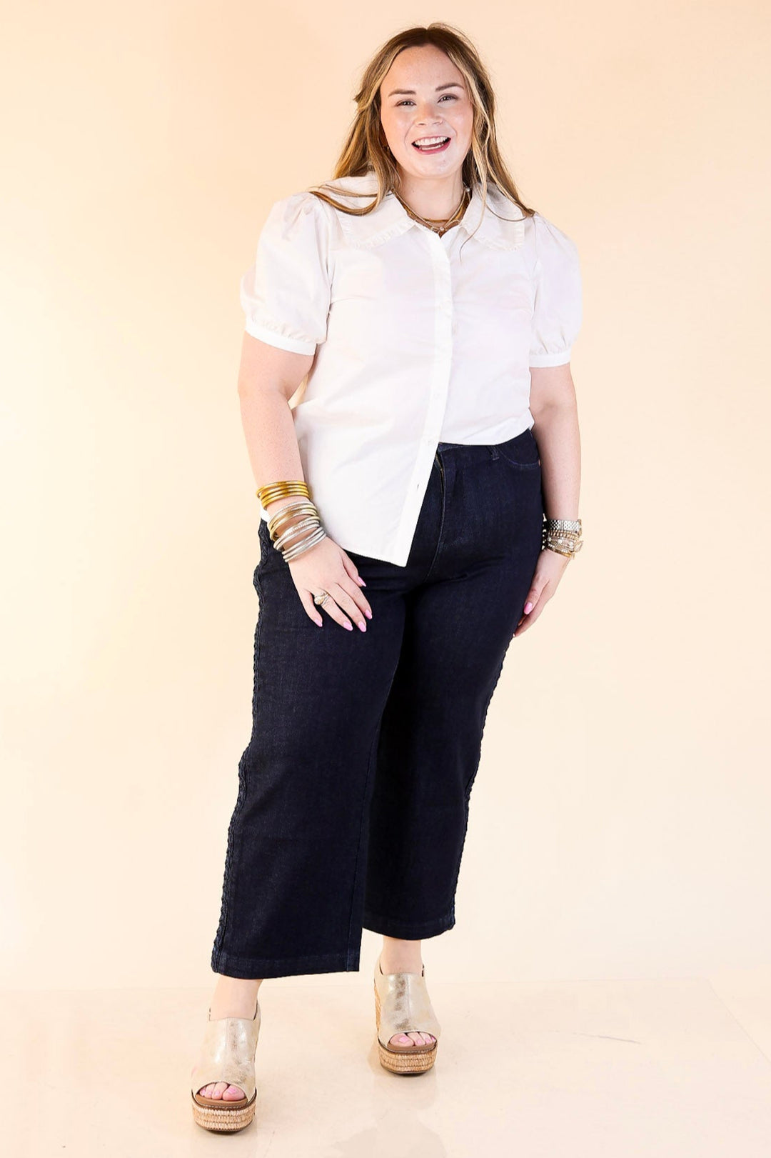 Call Me Darling Puff Sleeve Button Down With a Peter Pan Collar in White