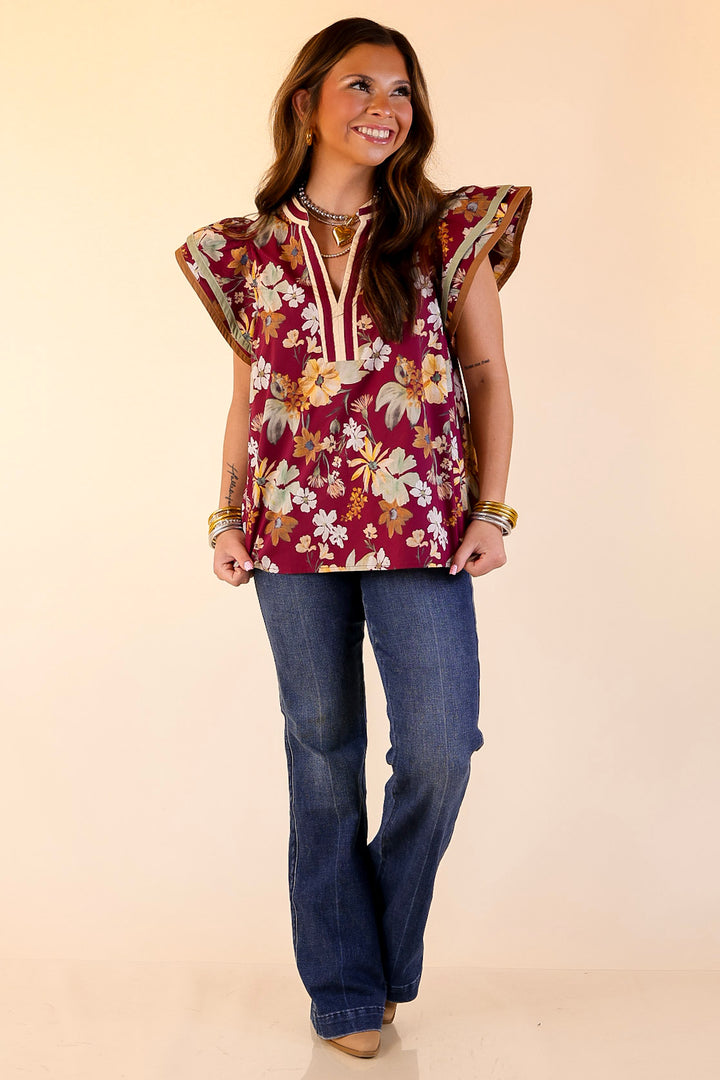 Fresh Perspective V Neck Floral Top with Ruffle Cap Sleeves in Maroon