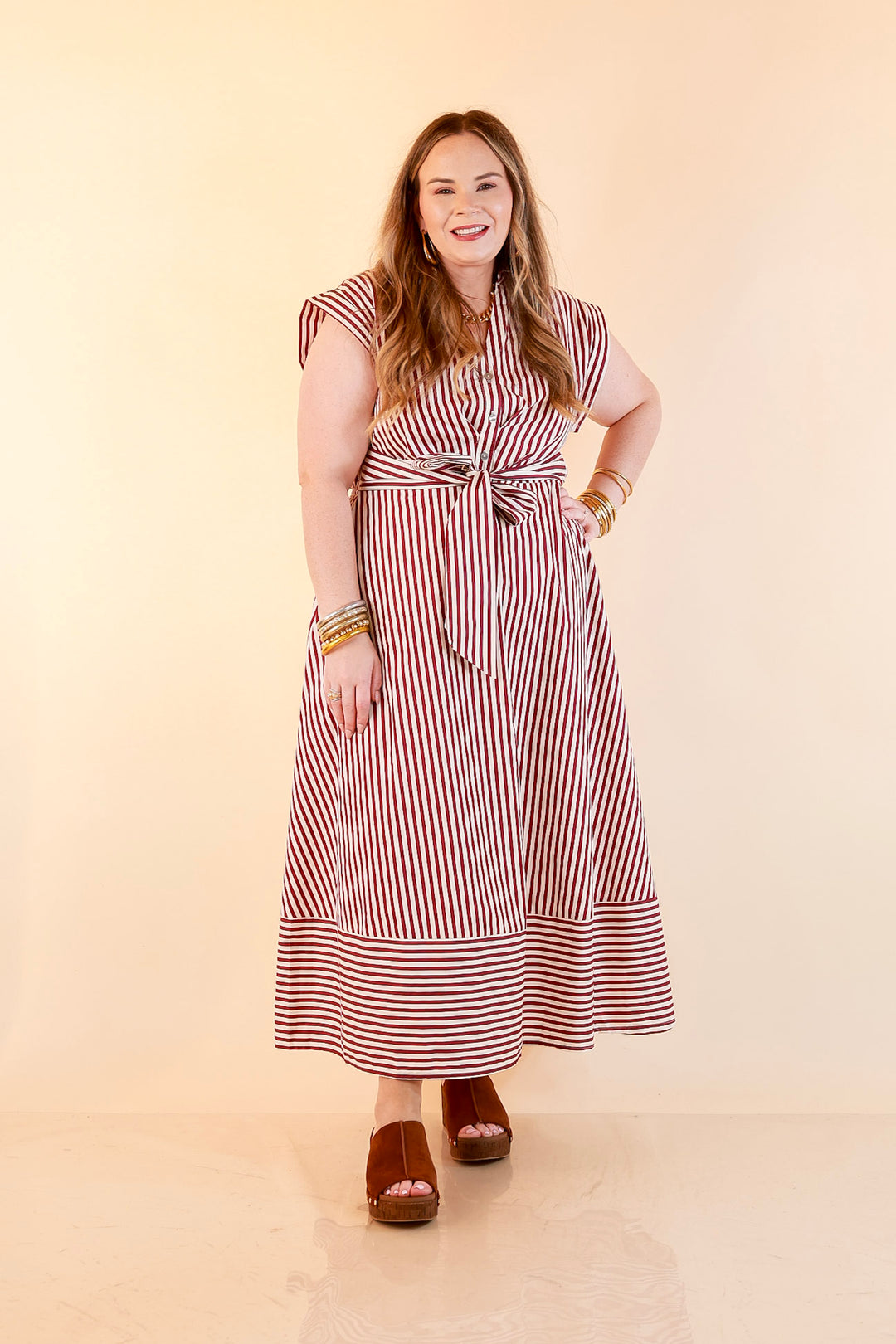 In Good Standing Striped Tie Waist Button Down Midi Dress in Maroon and Ivory
