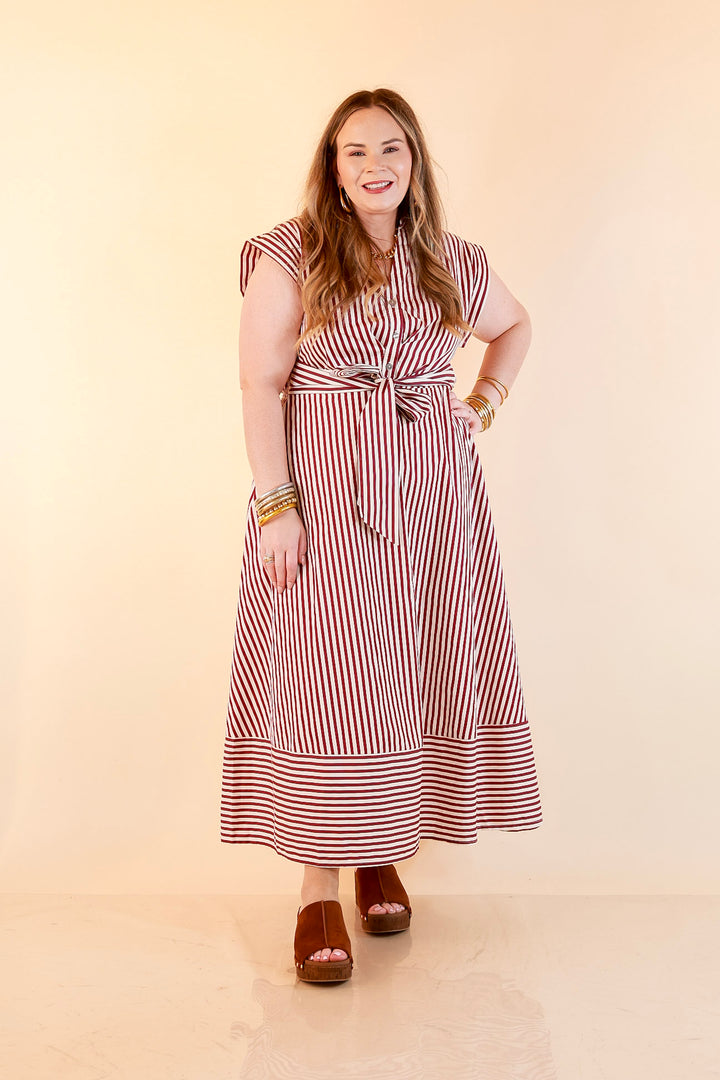 In Good Standing Striped Tie Waist Button Down Midi Dress in Maroon and Ivory