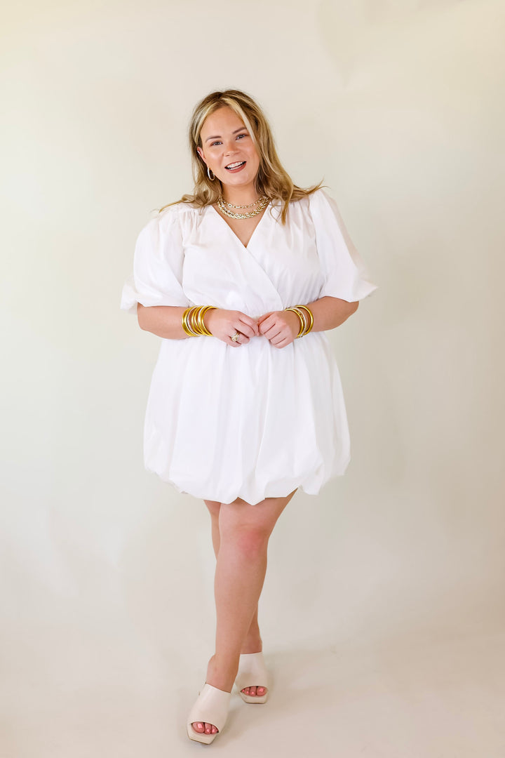 Flawless and Free Puffed Sleeve Babydoll Dress in White - Giddy Up Glamour Boutique