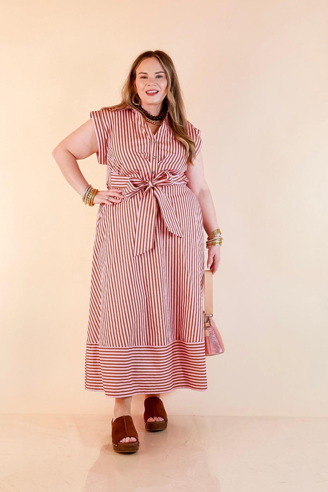 In Good Standing Striped Tie Waist Button Down Midi Dress in Pink and Brown
