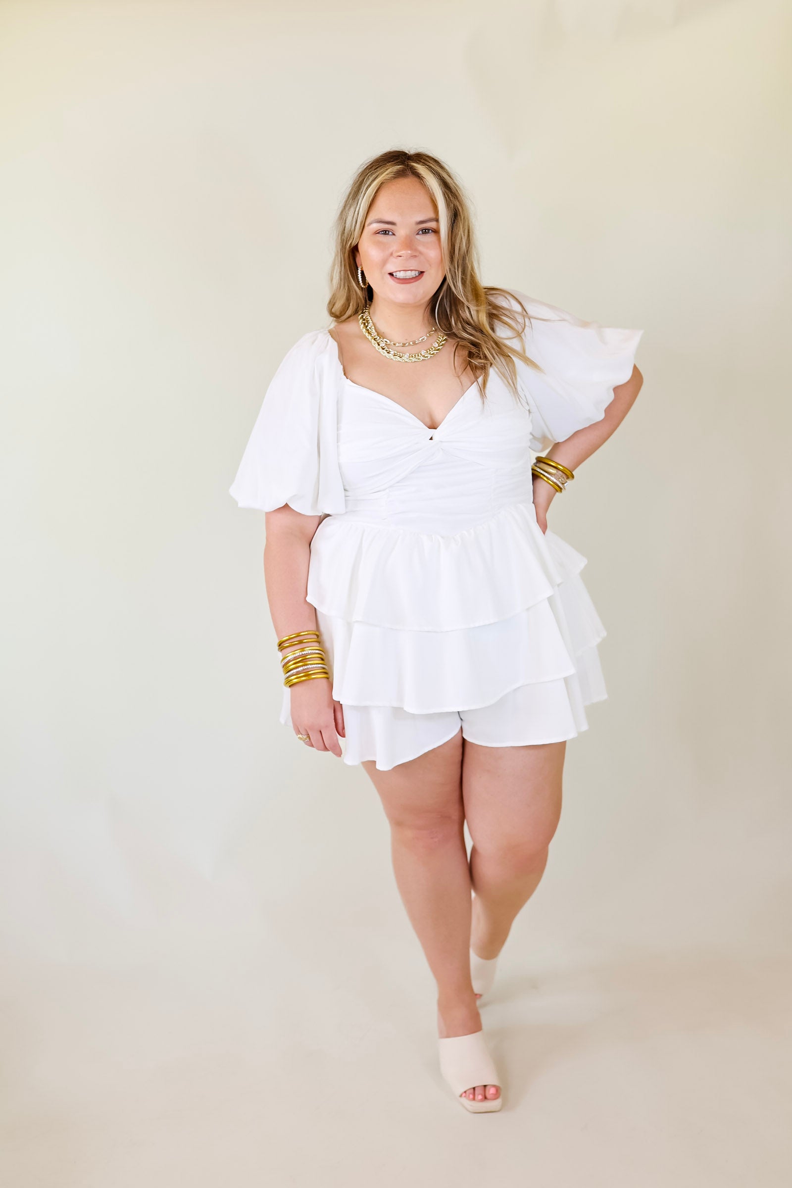 I Want It All Tiered Romper With Puffed Sleeves In White - Giddy Up Glamour Boutique