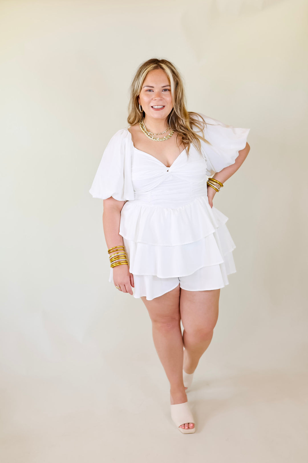 I Want It All Tiered Romper With Puffed Sleeves In White - Giddy Up Glamour Boutique