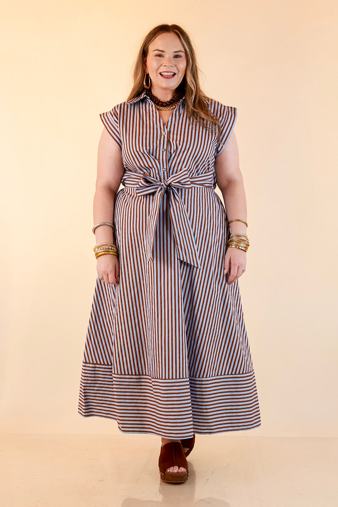In Good Standing Striped Tie Waist Button Down Midi Dress in Blue and Brown