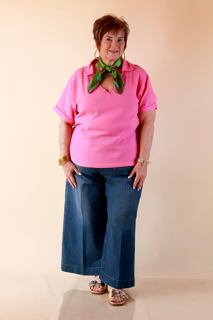 Quite Appropriate Short Sleeve Collared V Neck Linen Top with Rolled Sleeve Detail in Pink