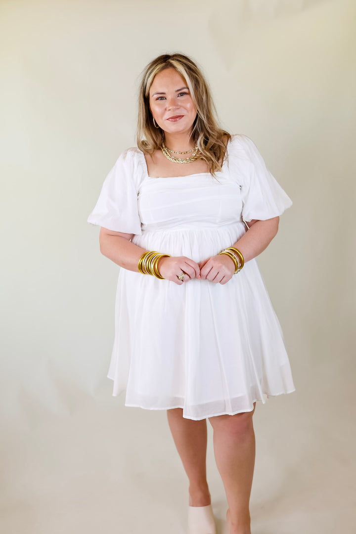 Livin Free Off The Shoulder Pleated Dress With Puffed Sleeves in White - Giddy Up Glamour Boutique
