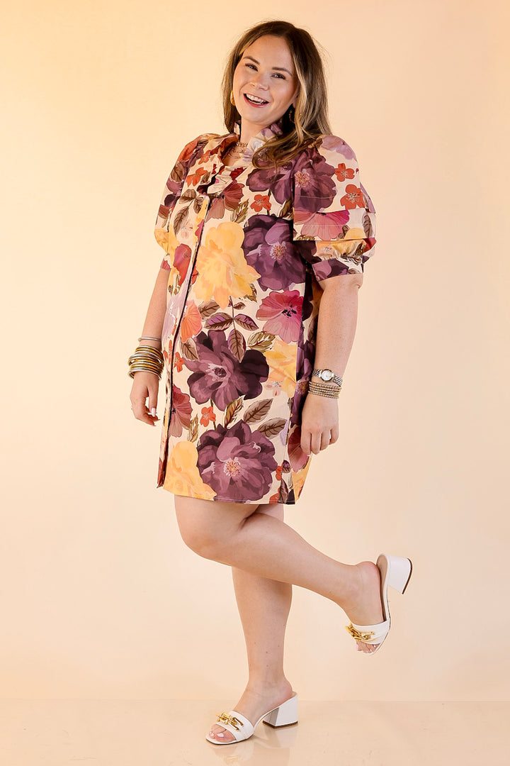 Blooming Statement Button Up Dress with Ruffle Trim and Puff Sleeves in Cream Mix