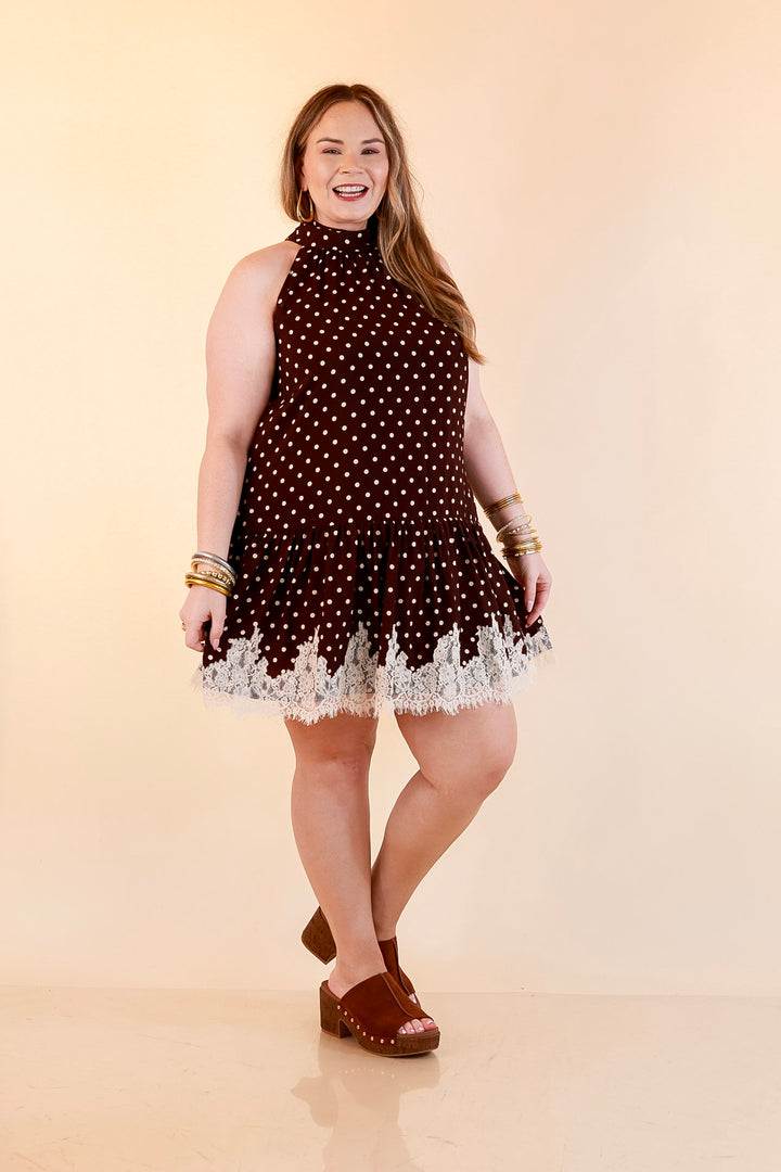Something to Love Polka Dot Lace Trim Halter Dress in Chocolate Brown and Ivory