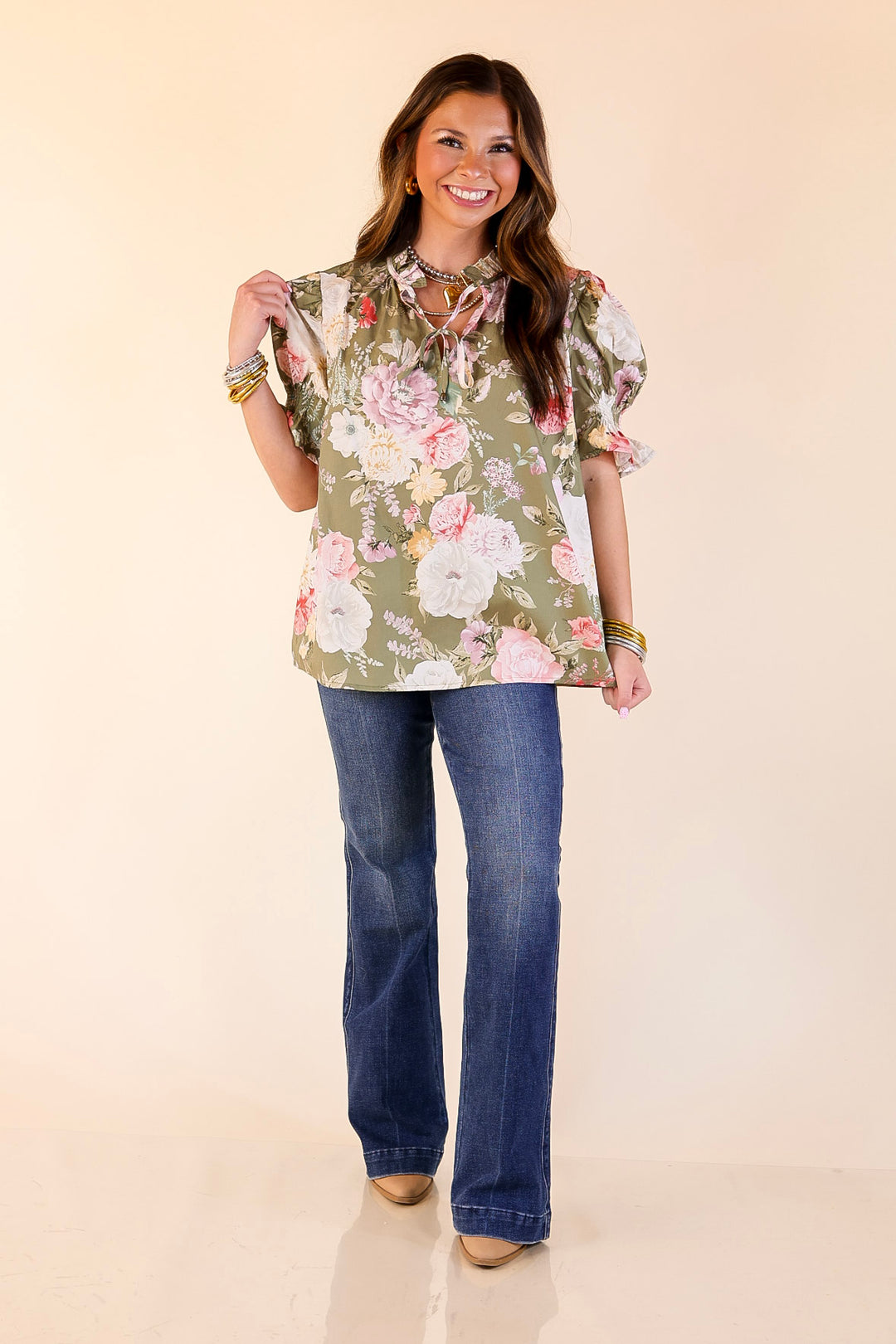 Freshly Picked Floral Print Top with Short Puff Sleeves in Olive Green