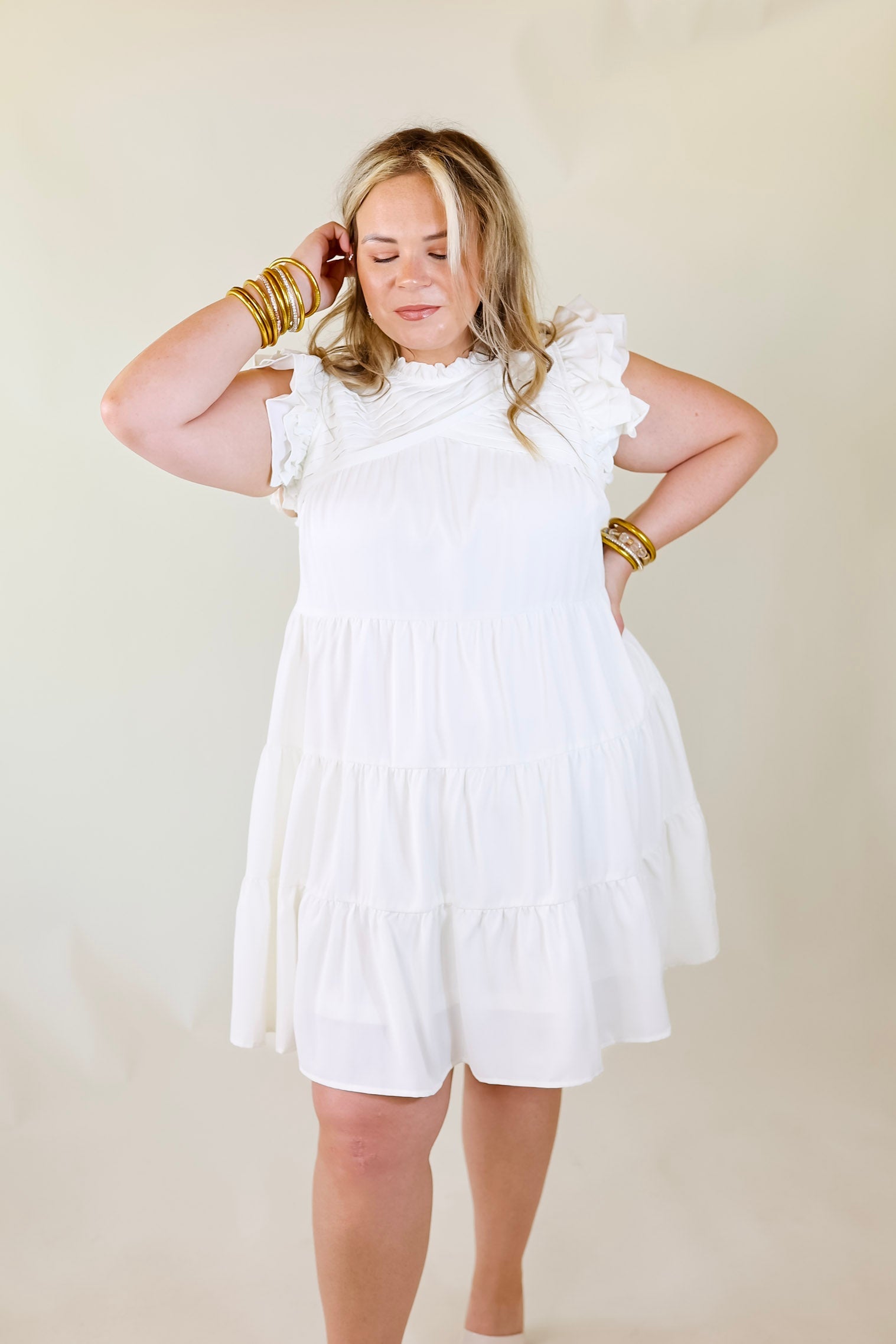 Chic On Scene Ruffle Tiered Dress with Pleated Detailing in White - Giddy Up Glamour Boutique