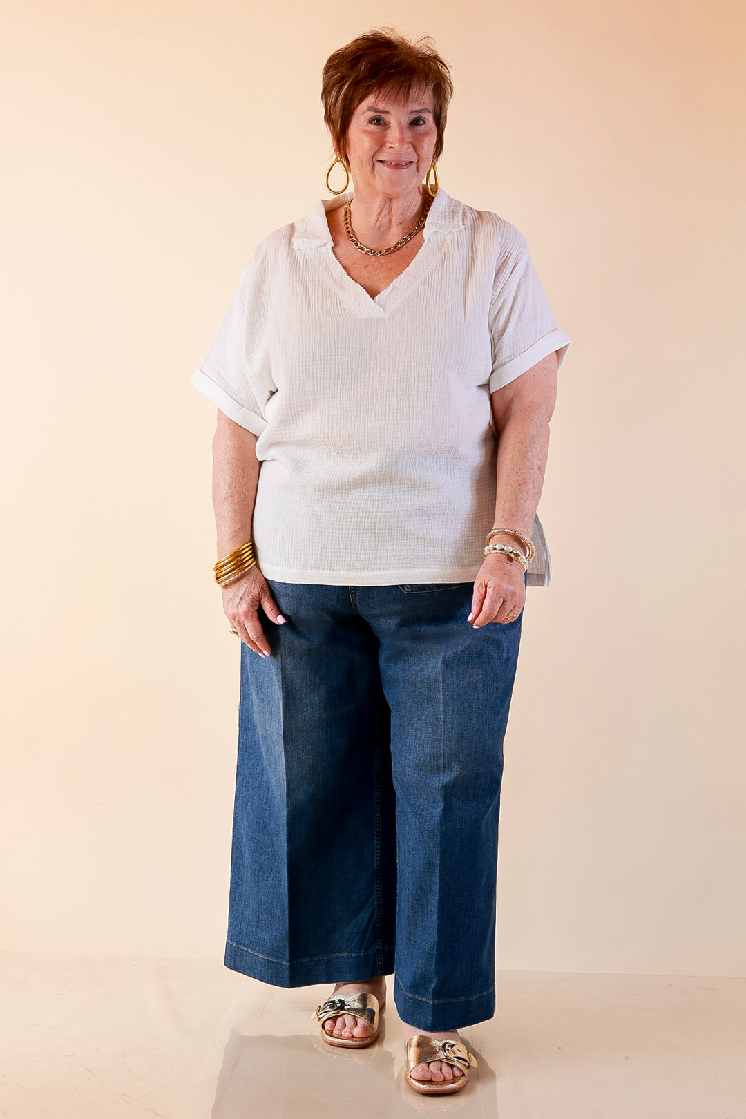 Quite Appropriate Short Sleeve Collared V Neck Linen Top with Rolled Sleeve Detail in White