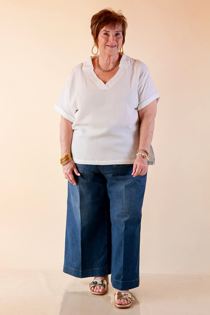 Quite Appropriate Short Sleeve Collared V Neck Linen Top with Rolled Sleeve Detail in White