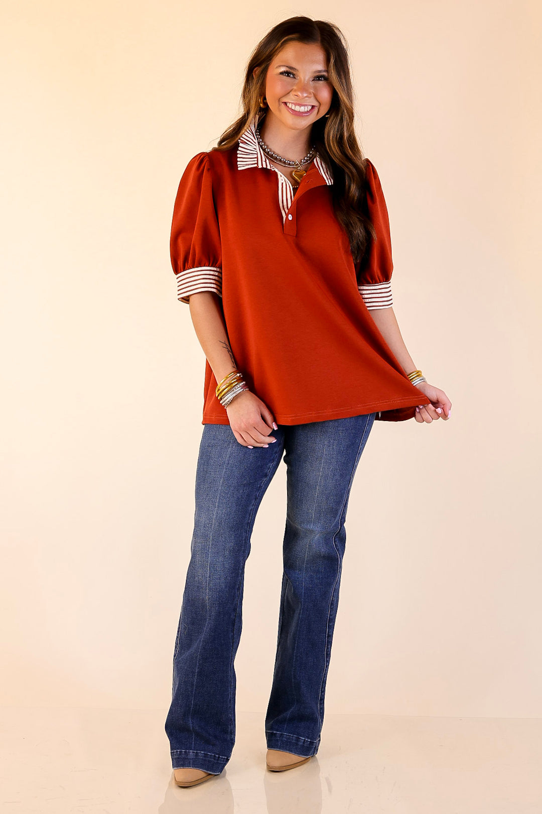 Refined Edge Short Puff Sleeve Top with Striped Collar in Rust Orange