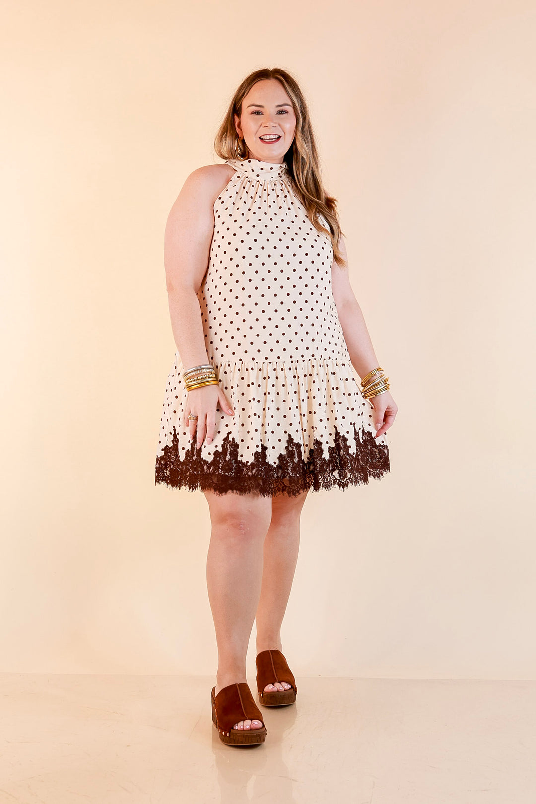 Something to Love Polka Dot Lace Trim Halter Dress in Ivory and Chocolate Brown