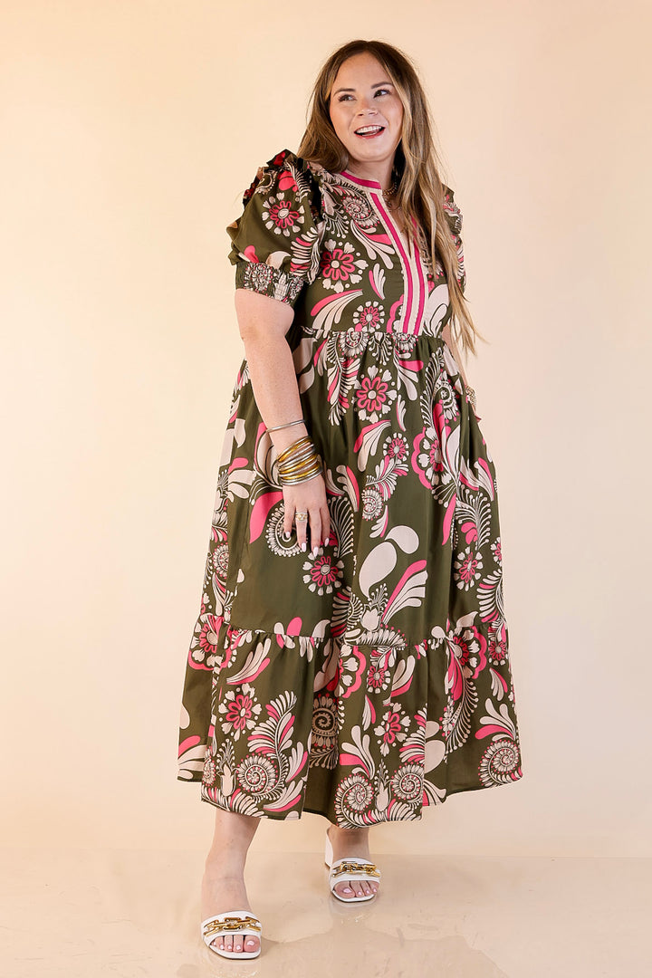 First Impressions V Neck Paisley Midi Dress in Olive Green and Pink Mix