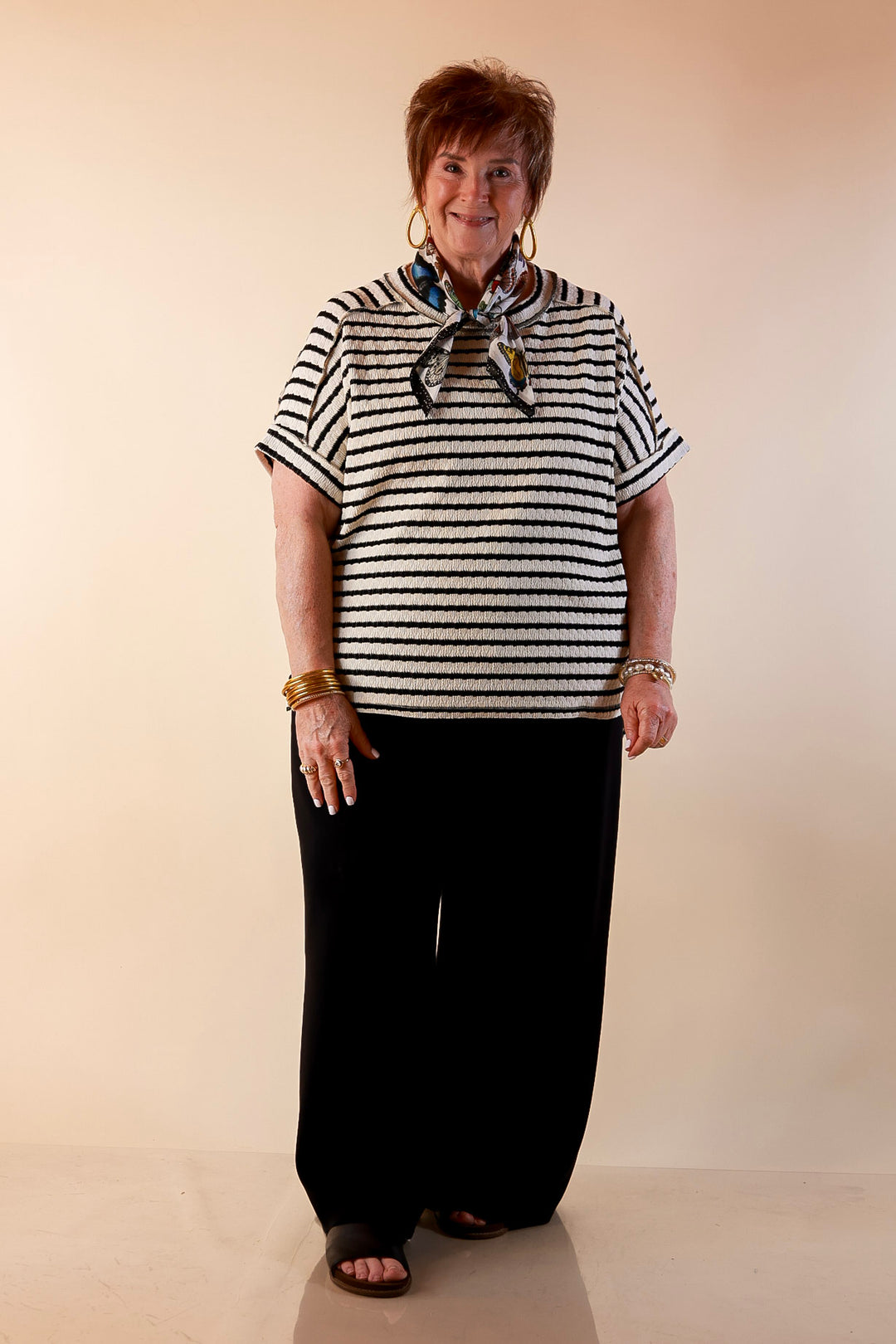 On The Daily Scoop Neck Short Sleeve Striped Textured Top in Black