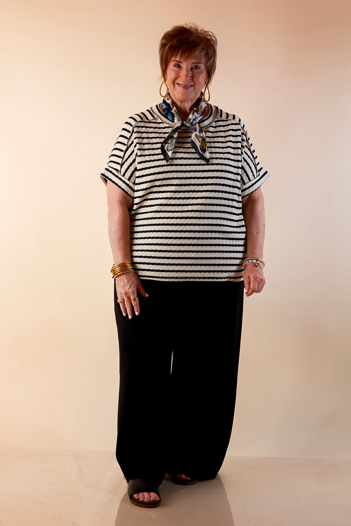 On The Daily Scoop Neck Short Sleeve Striped Textured Top in Black