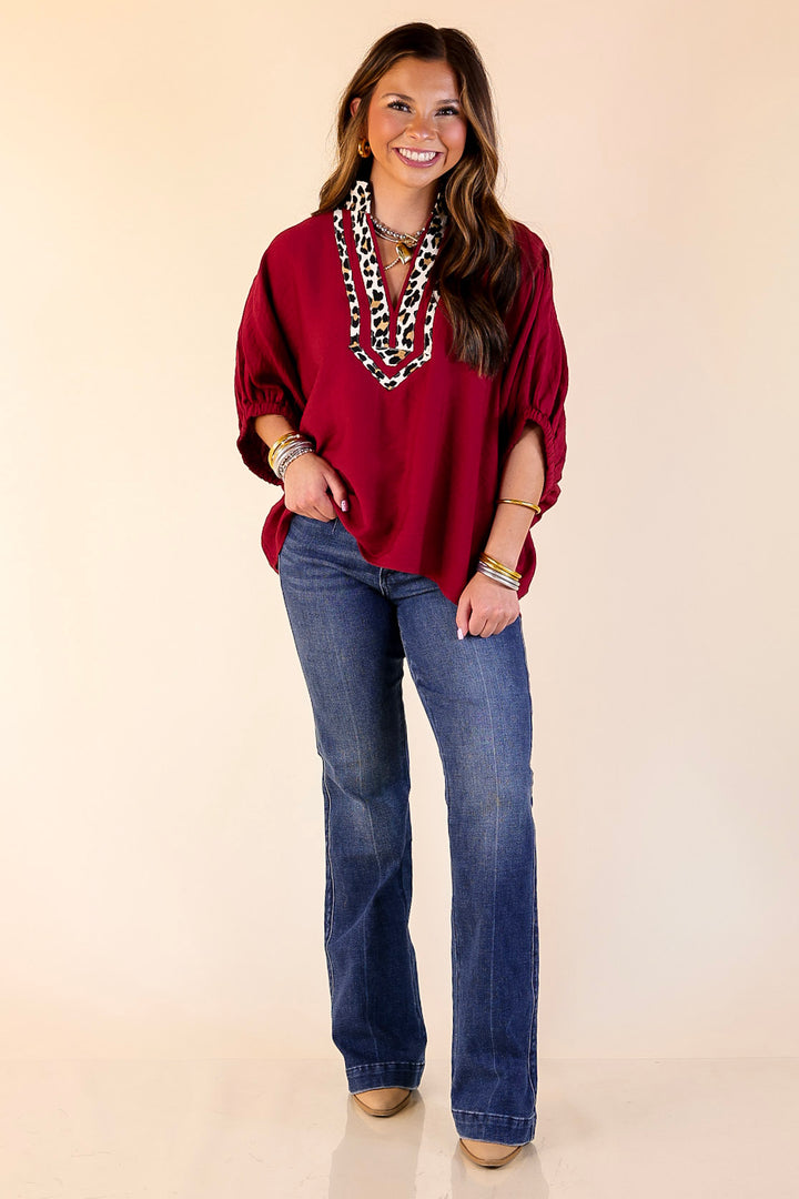 Naturally Stylish Leopard Print Trim Poncho Top in Maroon