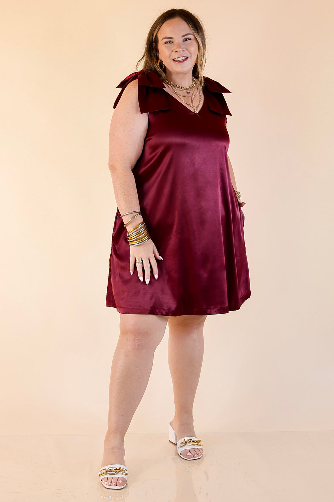 Satin Soirée V Neck Mini Dress with Bow Strap Detailing in Maroon