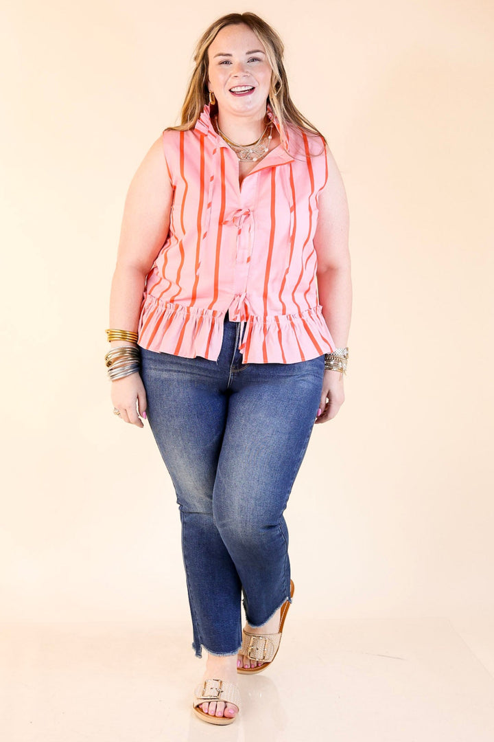 Bow Babe Striped Self Tie Peplum Blouse in Pink