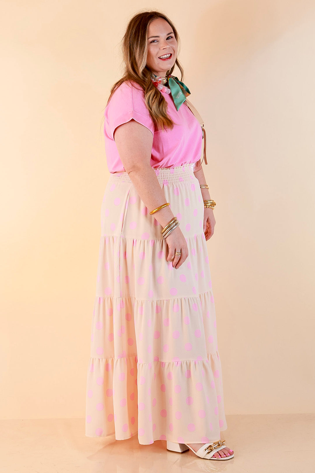 Sweet Spot Polka Dot Print Tiered Maxi Skirt with Elastic Waistband in Cream and Pink