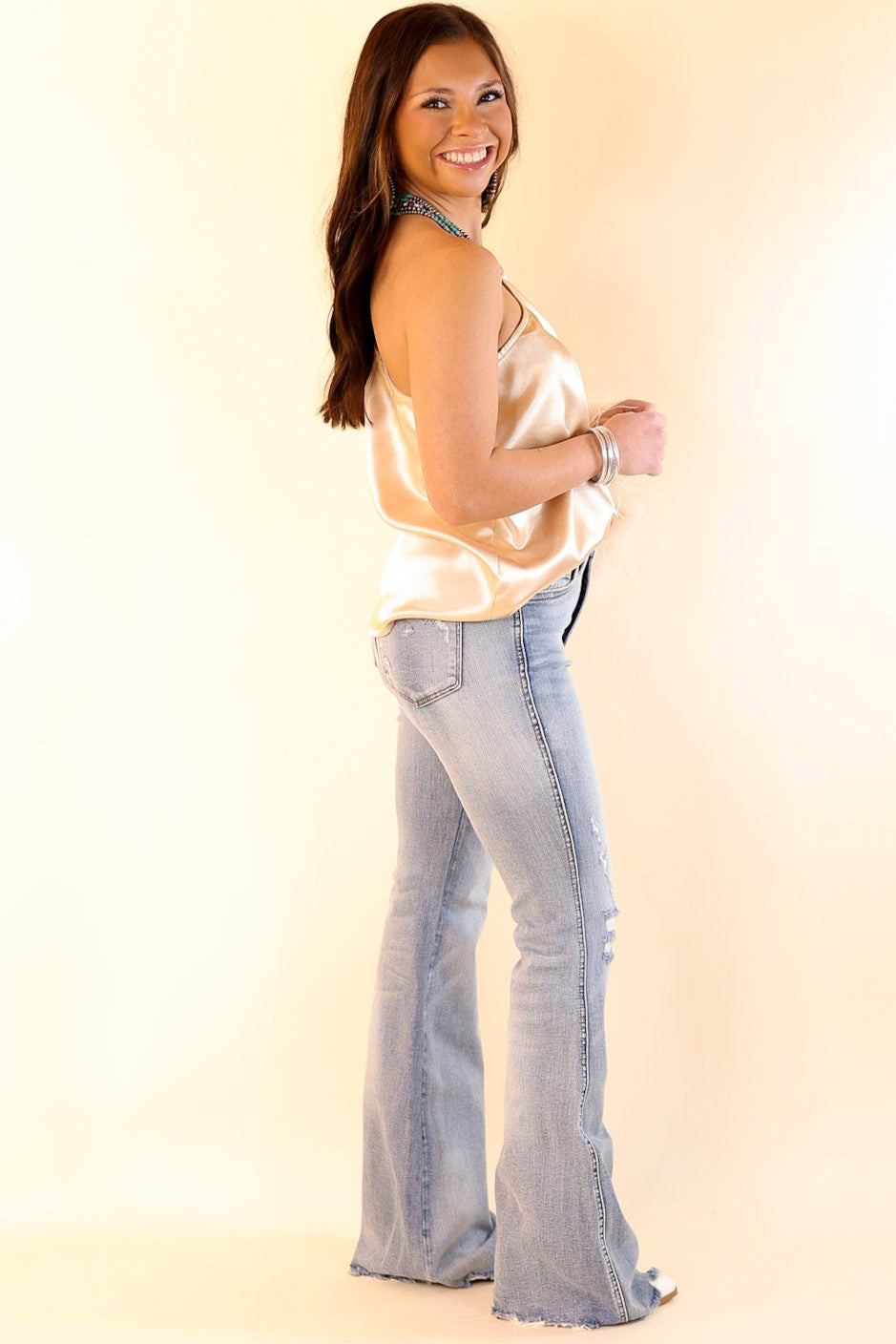 Full On Fashionista One Shoulder Satin Blouse with Feather Trim in Champagne