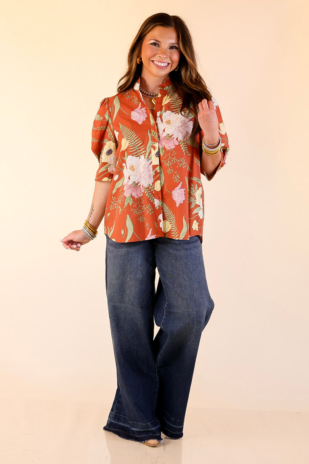 First Glance Button Up Puff Sleeve Floral Print Top in Rust Orange