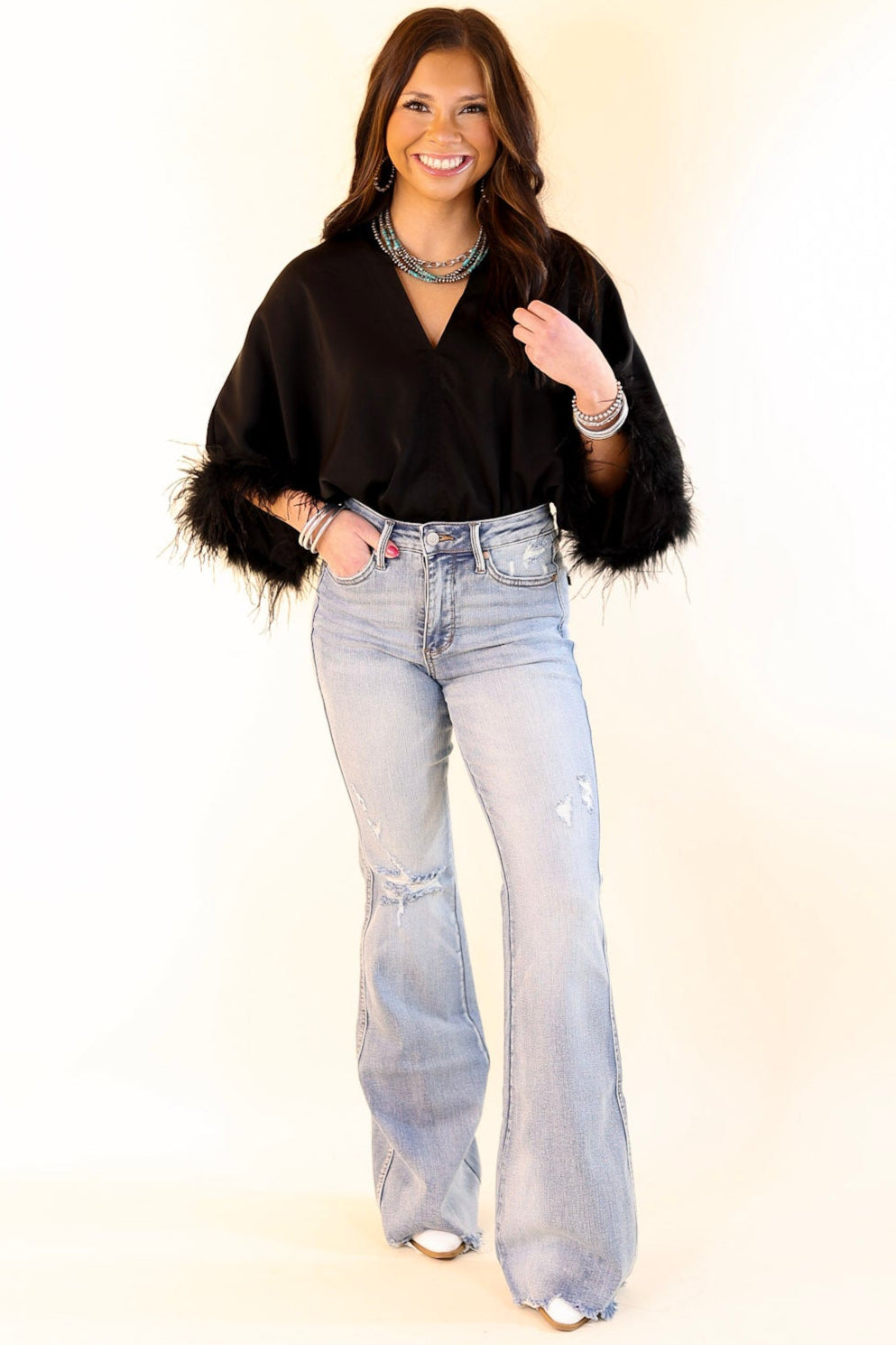 Party Plans V Neck Bodysuit with Feather Sleeves in Black