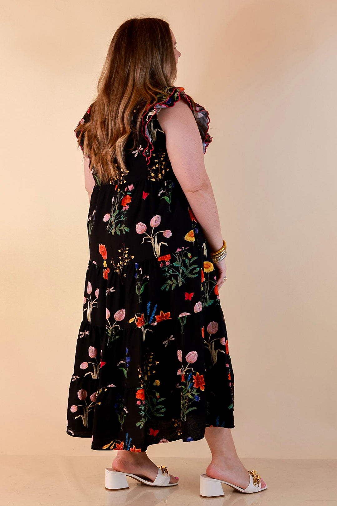 Flourishing Charm Floral Ruffle Cap Sleeve Tiered Midi Dress in Black