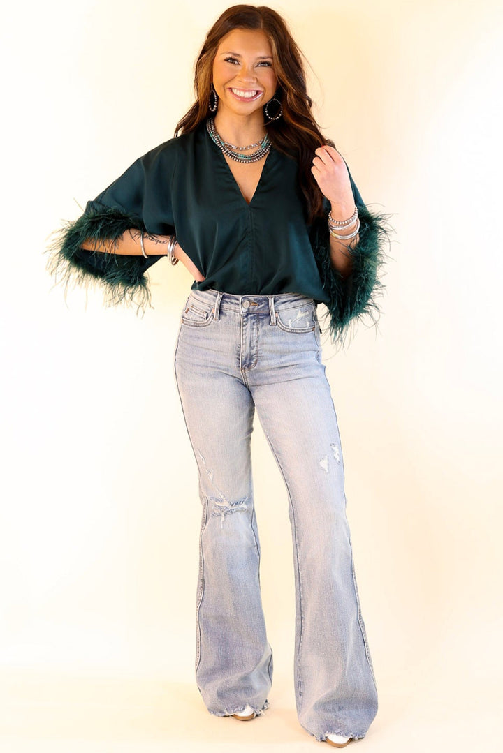 Party Plans V Neck Bodysuit with Feather Sleeves in Teal