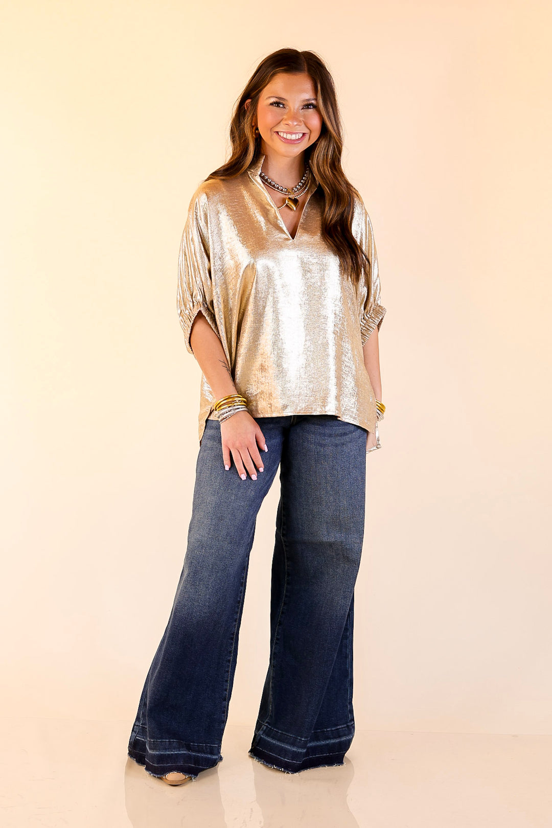 Naturally Stylish Shimmer Metallic Poncho Top in Gold