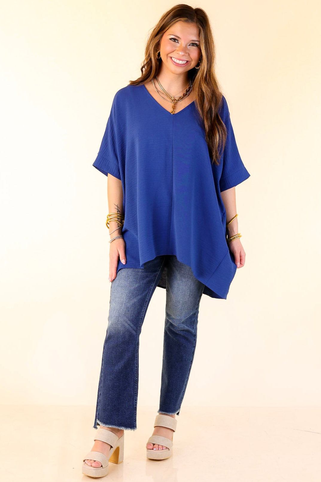 Classically Chic Short Sleeve V Neck Top in Navy