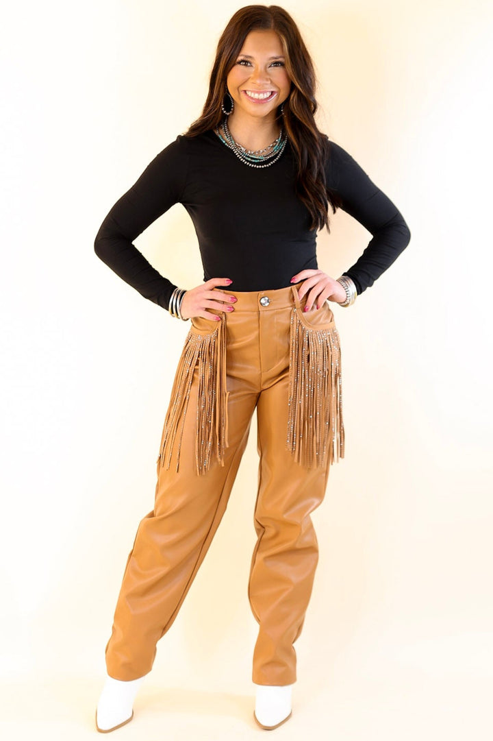 Ready Up Crystal Fringe Faux Leather Pants in Camel Brown