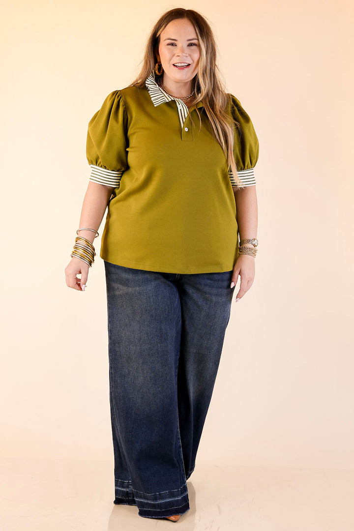 Refined Edge Short Puff Sleeve Top with Striped Collar in Olive Green