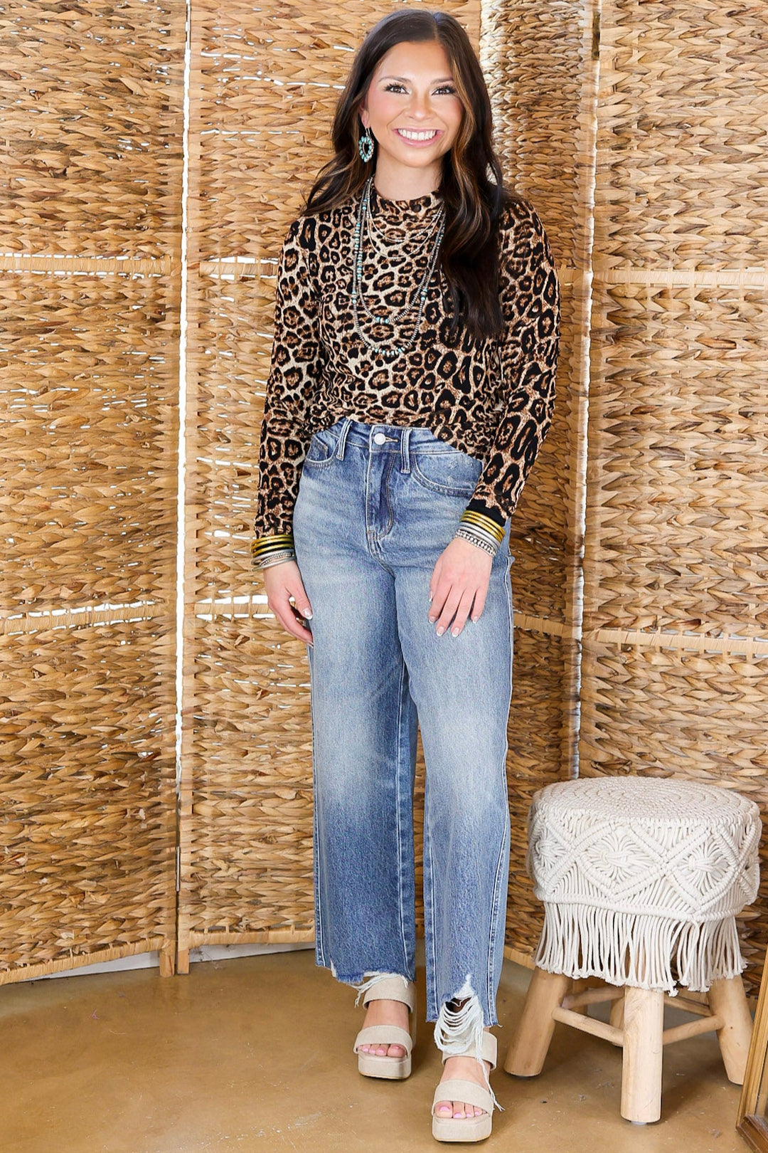 Sheer Confidence Print Mesh Long Sleeve Top in Leopard Print