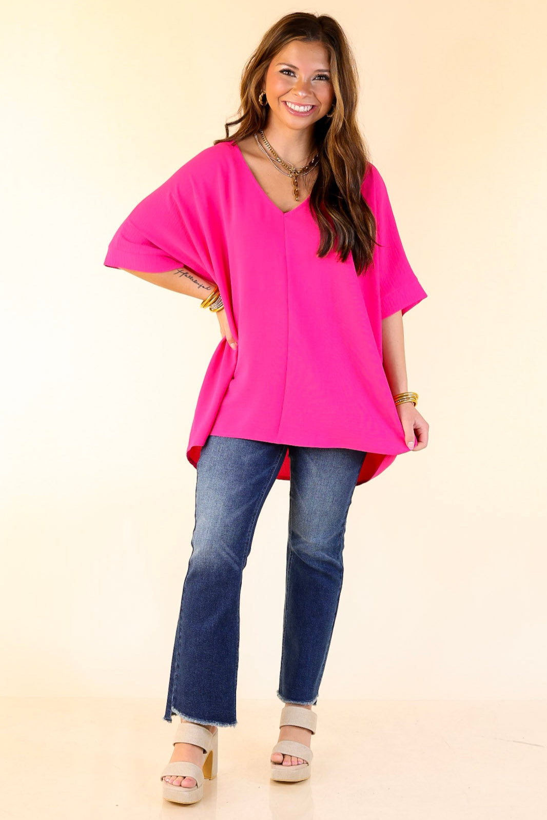 Classically Chic Short Sleeve V Neck Top in Hot Pink
