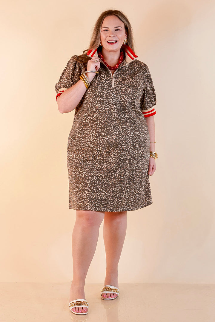 Winning Look Half Zip Puff Sleeve Dress with Contrast Trim in Leopard Print
