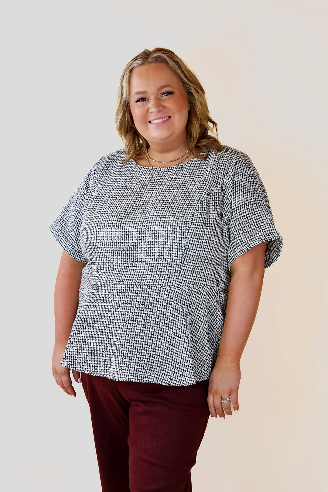 Back and Better Tweed Peplum Top with Short Sleeves in Black and White - Giddy Up Glamour Boutique