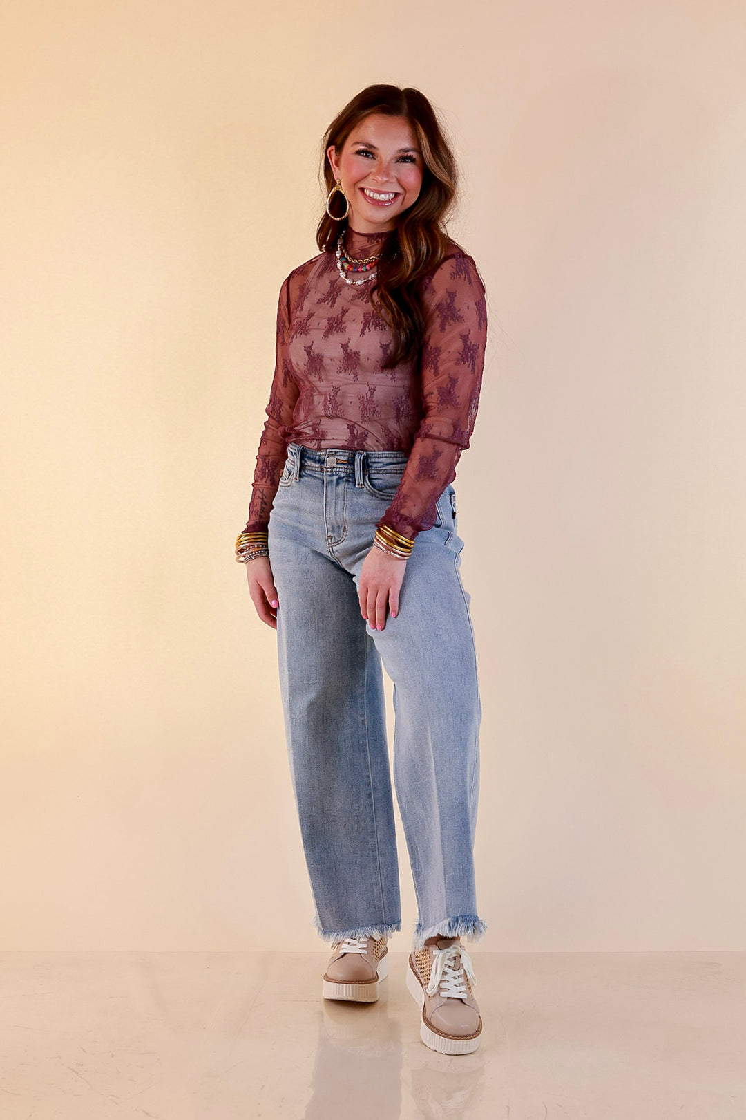 Delicate Charm Long Sleeve Sheer Lace Top with Mock Neck in Dark Purple