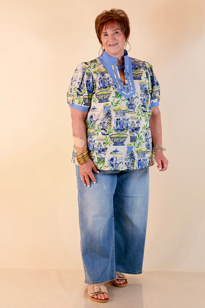 Coast is Clear Vase Print Contrast Trim Top with Puff Sleeves in Blue Multi