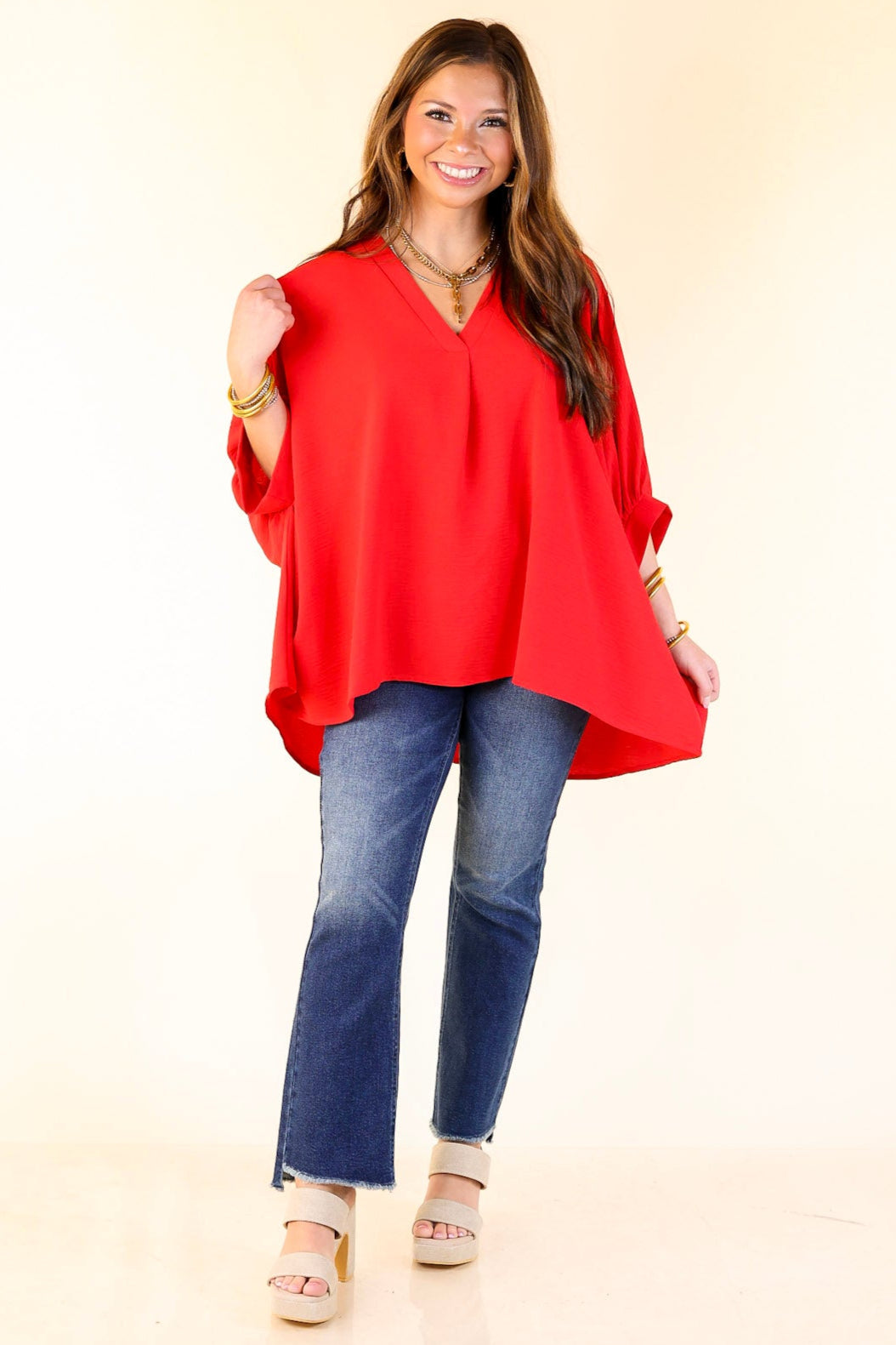 Classically Chic Short Sleeve V Neck Top in Red